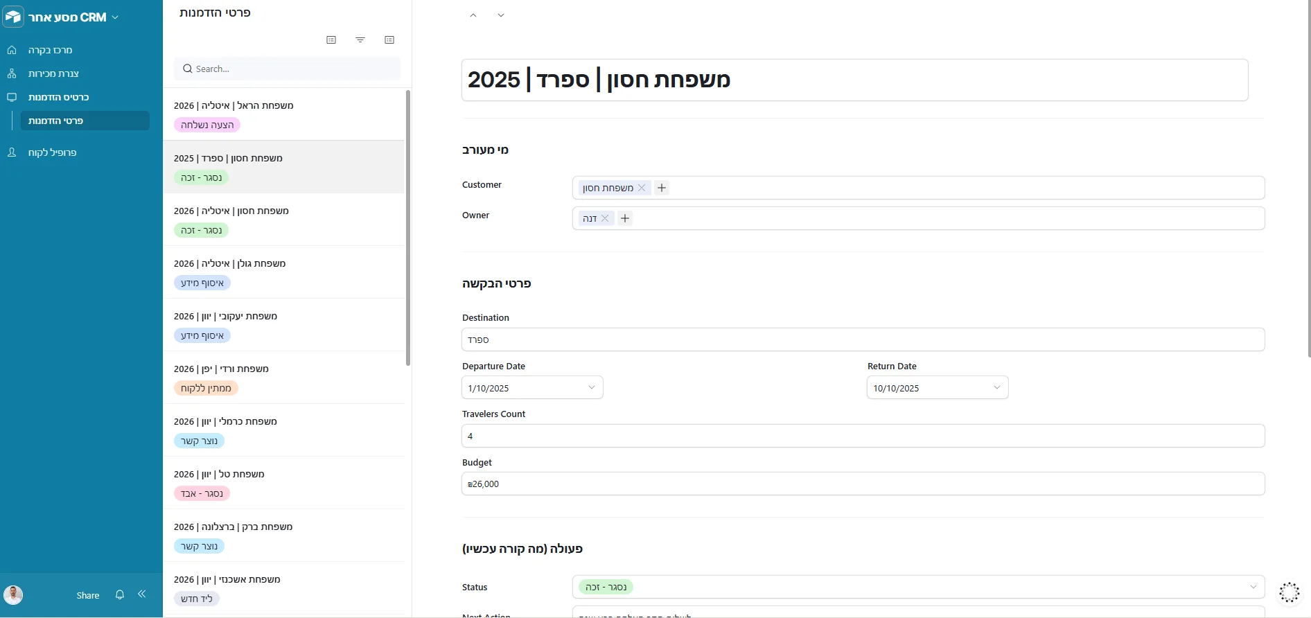 מערכת CRM לסוכנות נסיעות, מסך ראשי